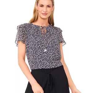 CeCe Blouse Dark Blue floral Nordstrom Macys ruffle sleeve tie neck spring